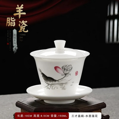 Išskirtinis rankomis dažytas balto porceliano molio Gaiwan japoniškas puodelis sveikos keraminės arbatos rinkinio sriuba su dangteliu dubuo Lotoso rankų piešinys