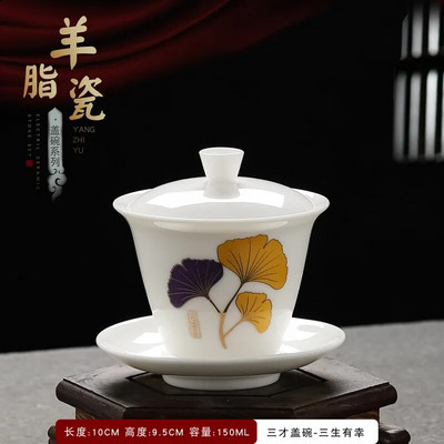 Išskirtinis rankomis dažytas balto porceliano molio Gaiwan japoniškas puodelis sveikos keraminės arbatos rinkinio sriuba su dangteliu dubuo Lotoso rankų piešinys