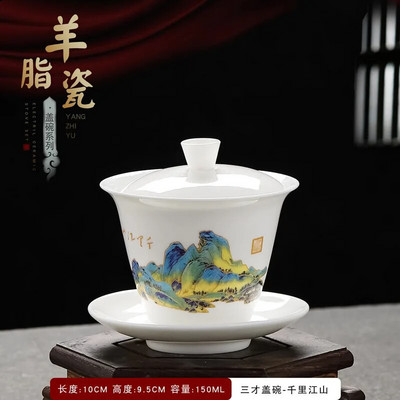 Išskirtinis rankomis dažytas balto porceliano molio Gaiwan japoniškas puodelis sveikos keraminės arbatos rinkinio sriuba su dangteliu dubuo Lotoso rankų piešinys