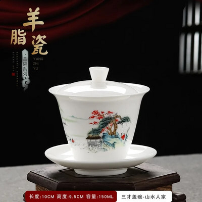 Išskirtinis rankomis dažytas balto porceliano molio Gaiwan japoniškas puodelis sveikos keraminės arbatos rinkinio sriuba su dangteliu dubuo Lotoso rankų piešinys