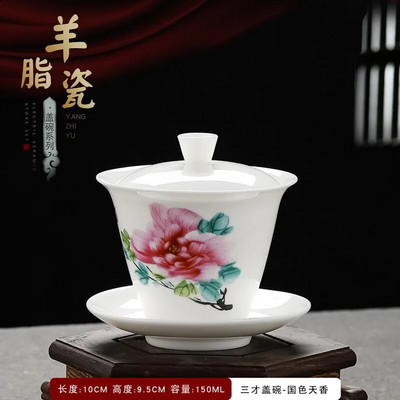 Išskirtinis rankomis dažytas balto porceliano molio Gaiwan japoniškas puodelis sveikos keraminės arbatos rinkinio sriuba su dangteliu dubuo Lotoso rankų piešinys