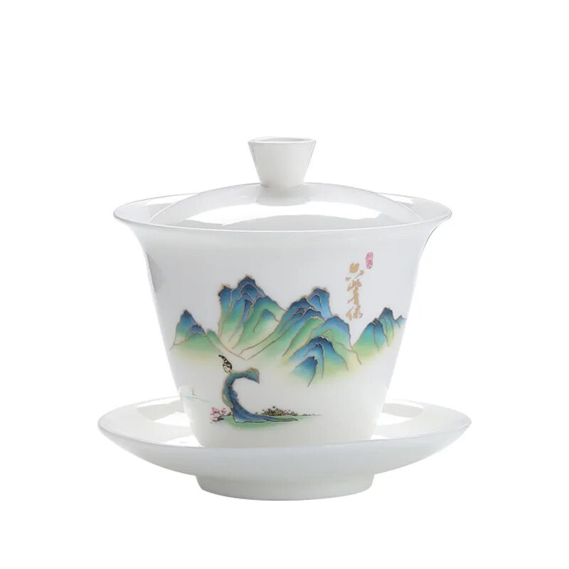 Išskirtinis rankomis dažytas balto porceliano molio Gaiwan japoniškas puodelis sveikos keraminės arbatos rinkinio sriuba su dangteliu dubuo Lotoso rankų piešinys
