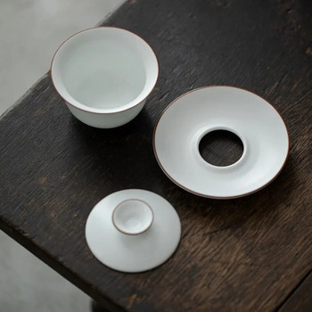 Керамична чаша за чай Gaiwan с матово покритие Fat White Gaiwan с куха основа Чаша за приготвяне на китайски кунгфу чай Воден кестенов капак Купа