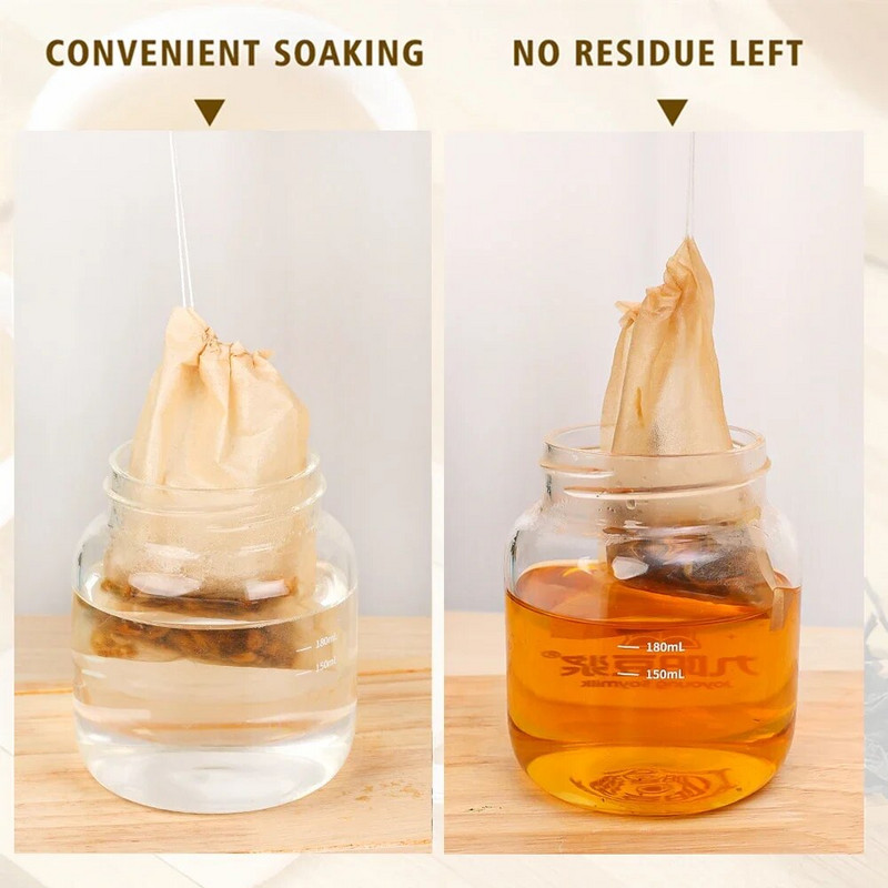 Filter vrećice za kućanstvo od 100 komada s uzicom. Jednokratne vrećice čaja za kavu za kupanje stopala. Prirodna drvena masa. Papirni filteri za začine. Vrećice čaja.