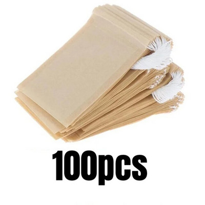 100 bucăți de plicuri de ceai de unică folosință, hârtie biodegradabilă, pungă de filtru de ceai cu șnur Heal Seal, gol, șnur, condimente, pudră de ceai din frunze libere