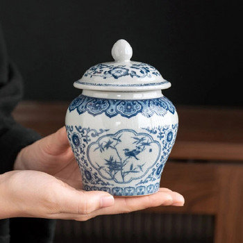 Синьо-бял порцеланов буркан за чай Керамичен буркан с капак Запечатана кутия за бонбони Ретро напукана с лед глазура Буркан за съхранение на чай Контейнер за съхранение