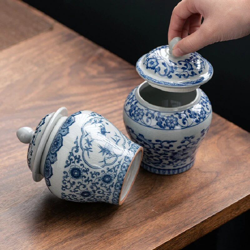Plavo-bijela porculanska staklenka za čaj Keramička staklenka s poklopcem Zatvorena kutija za slatkiše Retro glazura s napuknutom ledom Staklenka za pohranu čaja Spremnik za pohranu