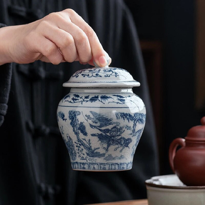 Plavo-bijela porculanska staklenka za čaj Keramička staklenka s poklopcem Zatvorena kutija za slatkiše Retro glazura s napuknutom ledom Staklenka za pohranu čaja Spremnik za pohranu