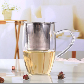 Високо качество с капак Чай Infuser Неръждаема стомана Кафе Чай Цедка Решетка Binaural Net Мрежа за изтичане на чай Филтър за чай Аксесоар за чай
