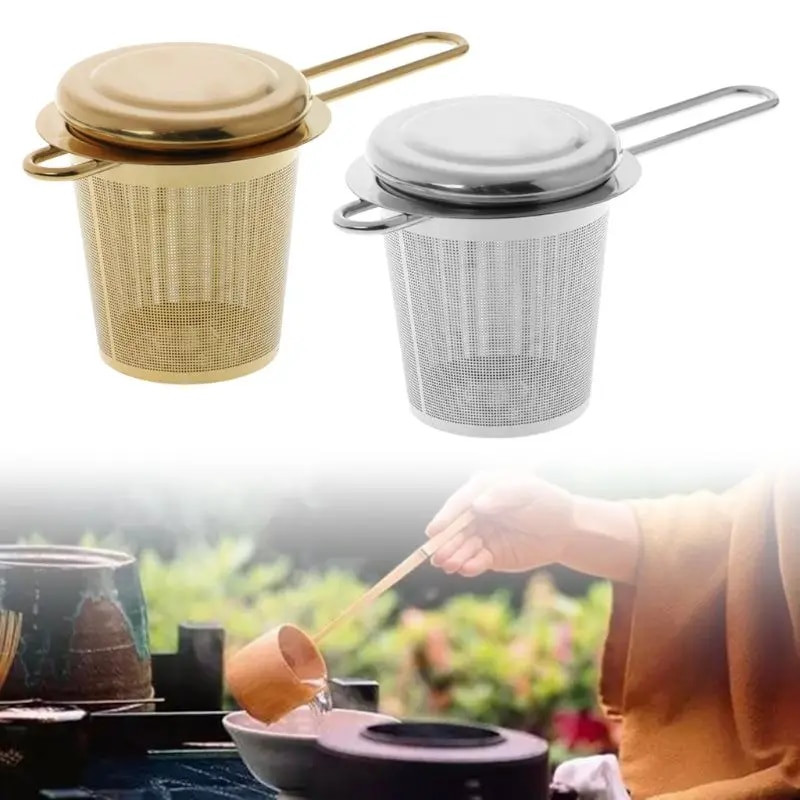 Újrafelhasználható hálós tea infuser rozsdamentes acél szűrő Laza levelű teáskanna fűszerszűrő fedéllel csészék Konyhai kiegészítők Drop Ship