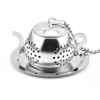 Цедка за чай Форма на чайник Насипен чай Инфузер за чай Листа от неръждаема стомана Цедка Верига Тава за отцеждане Филтър за билкови подправки с чиния