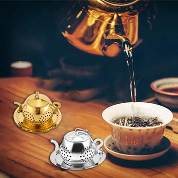 Цедка за чай Форма на чайник Насипен чай Инфузер за чай Листа от неръждаема стомана Цедка Верига Тава за отцеждане Филтър за билкови подправки с чиния
