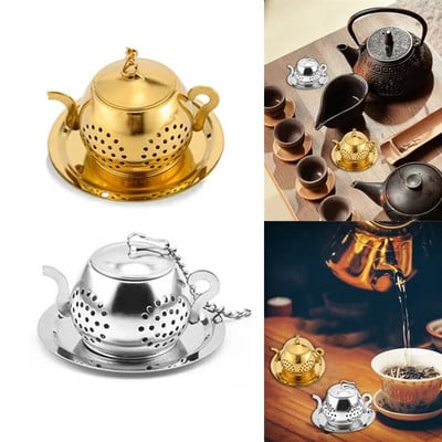 Teaszűrő teáskanna formájú laza tea infuser rozsdamentes acél leveles teafőző szűrő lánc csepegtető tálca gyógynövényes fűszerszűrő edénnyel