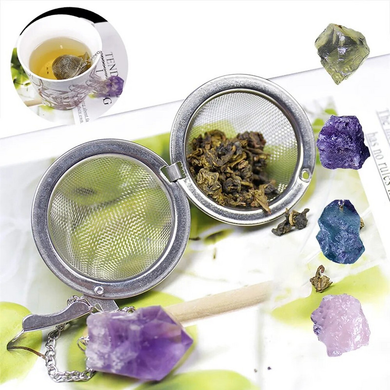 Természetes kristálykőből készült tea infúziós szűrők lánccal fűszerekhez, rozsdamentes acél gyógyító szita eszközök teásedények konyhai kiegészítők