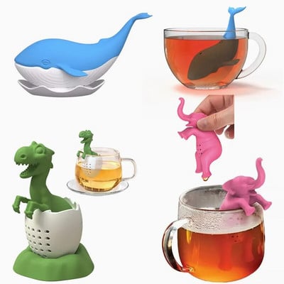 Tea Infuser Szilikon Teaszűrő Fekete tea Filter Aranyos dinoszaurusz elefánt és bálna ömlesztett levelű tea infuser Újrafelhasználható BPA-mentes