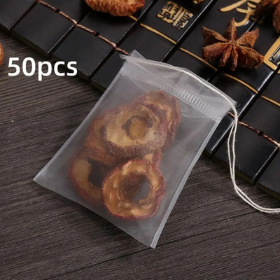 50 bucăți cu șir pliculețe de ceai de unică folosință noi, nețesute, din nailon de calitate alimentară, pliculețe goale de ceai din nailon transparent, condimente