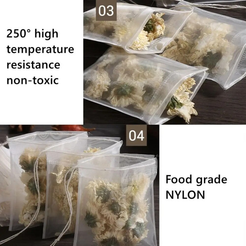 50 bucăți cu șir pliculețe de ceai de unică folosință noi, nețesute, din nailon de calitate alimentară, pliculețe goale de ceai din nailon transparent, condimente