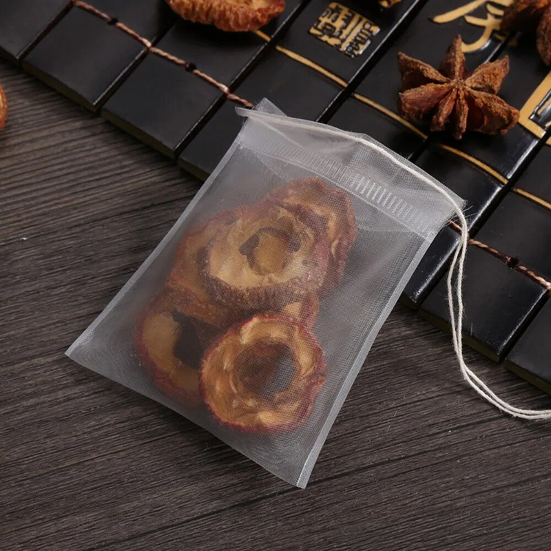 50 bucăți cu șir pliculețe de ceai de unică folosință noi, nețesute, din nailon de calitate alimentară, pliculețe goale de ceai din nailon transparent, condimente