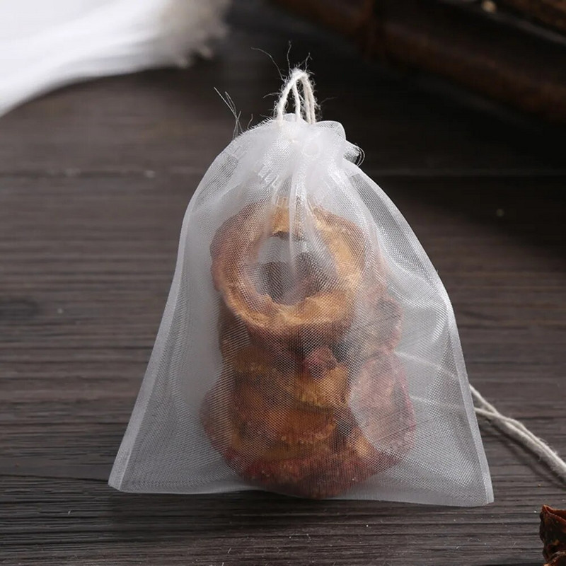 50 bucăți cu șir pliculețe de ceai de unică folosință noi, nețesute, din nailon de calitate alimentară, pliculețe goale de ceai din nailon transparent, condimente
