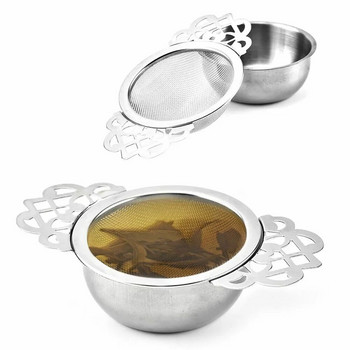 Цедка за чай от неръждаема стомана с купа за оттичане Лесно почистване на свободни листа Традиционен висящ билков филтър с двойно ухо