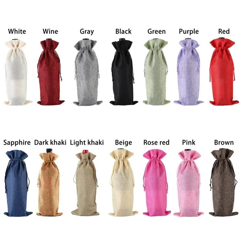 Lininiai vyno maišeliai Vyno butelių dangteliai su raišteliu vyno maišelio laikiklis, pakavimo maišelis Vestuvių vakarėlio dekoro dovana