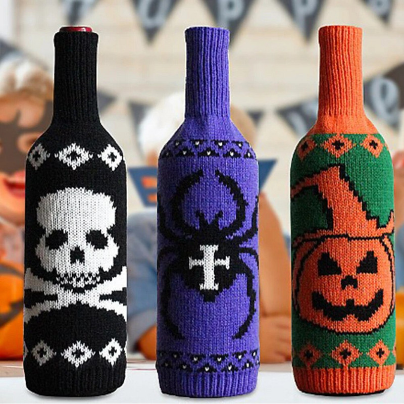 Helovino vyno maišelių butelio dangtelis Kaukolė Moliūgų megztas vyno butelio maišelis Helloween vakarėlio gimtadienio atostogų dekoravimui Namų laikymas