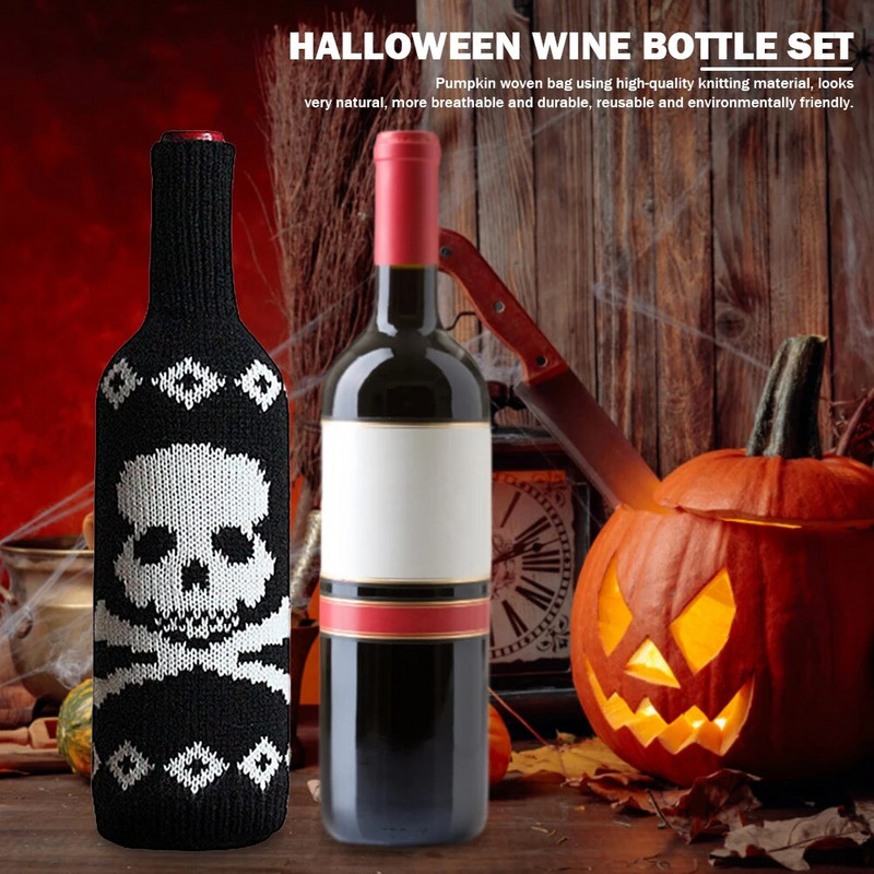 Helovino vyno maišelių butelio dangtelis Kaukolė Moliūgų megztas vyno butelio maišelis Helloween vakarėlio gimtadienio atostogų dekoravimui Namų laikymas