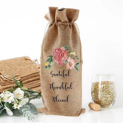 Thankful Grateful Blessed Burlap Wine Bags Wine Bottle Bag Party Decor Drawstrings Bags Best Thanksgiving Gift for Family Friend