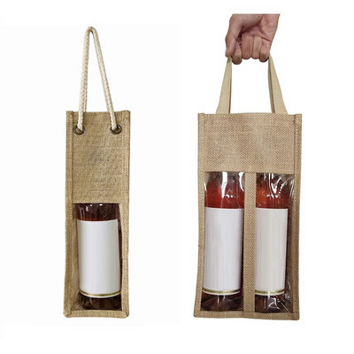 Jute Red Wine Cover Reinforced Handle Wine Bottle Pouch All-Purpose Red Wine Beer Bottle Packing Tote Bag for Wedding Holiday
