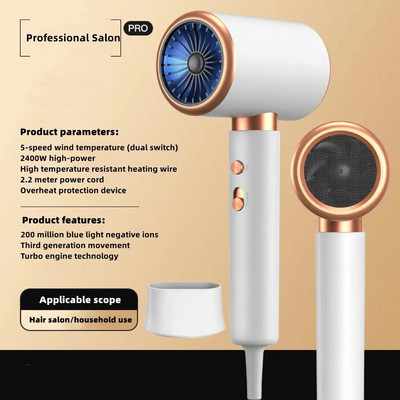 Novo brzo sušilo za kosu 2400 W, brzo sušenje plave svjetlosti, tihi fen za kosu s negativnim ionima velike snage za kućni frizerski salon