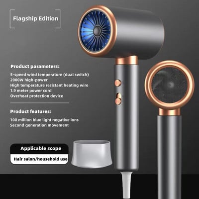 Novo brzo sušilo za kosu 2400 W, brzo sušenje plave svjetlosti, tihi fen za kosu s negativnim ionima velike snage za kućni frizerski salon