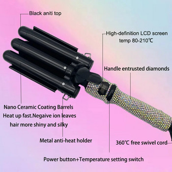 Желязна пръчица за кърлинг с кристали Трицевен LCD температурен дисплей 1-инчов керамичен троен варел Кримпване за дълга коса