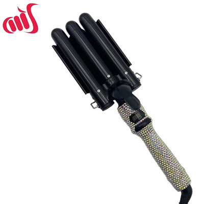 Garbanojimo pynimo geležinė lazdelė su krištoliniais akmenimis trijų cilindrų LCD temperatūros ekranas 1 colio keraminės trigubos statinės, gofruotos ilgiems plaukams