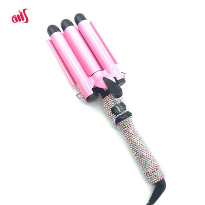 Garbanojimo pynimo geležinė lazdelė su krištoliniais akmenimis trijų cilindrų LCD temperatūros ekranas 1 colio keraminės trigubos statinės, gofruotos ilgiems plaukams