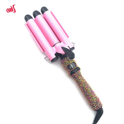 Garbanojimo pynimo geležinė lazdelė su krištoliniais akmenimis trijų cilindrų LCD temperatūros ekranas 1 colio keraminės trigubos statinės, gofruotos ilgiems plaukams