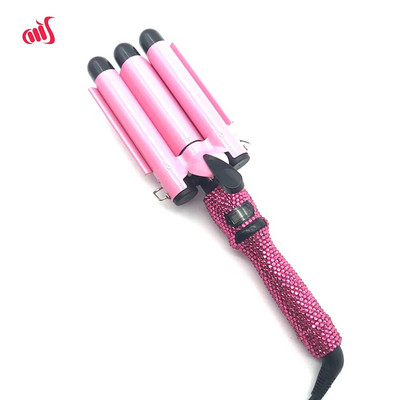 Garbanojimo pynimo geležinė lazdelė su krištoliniais akmenimis trijų cilindrų LCD temperatūros ekranas 1 colio keraminės trigubos statinės, gofruotos ilgiems plaukams