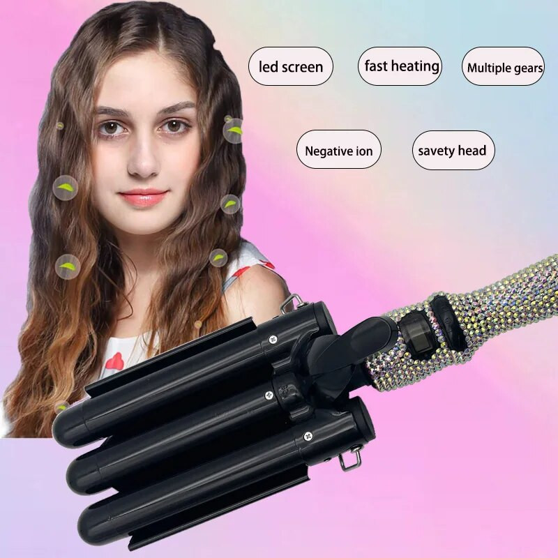 Garbanojimo pynimo geležinė lazdelė su krištoliniais akmenimis trijų cilindrų LCD temperatūros ekranas 1 colio keraminės trigubos statinės, gofruotos ilgiems plaukams