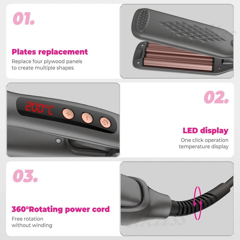 Hair Crimper 4 cserélhető lemezzel Negatív Ion Hajcsavaró Volumerizáló Haj Iron Bolyhos Hajsütővas Hajvasaló
