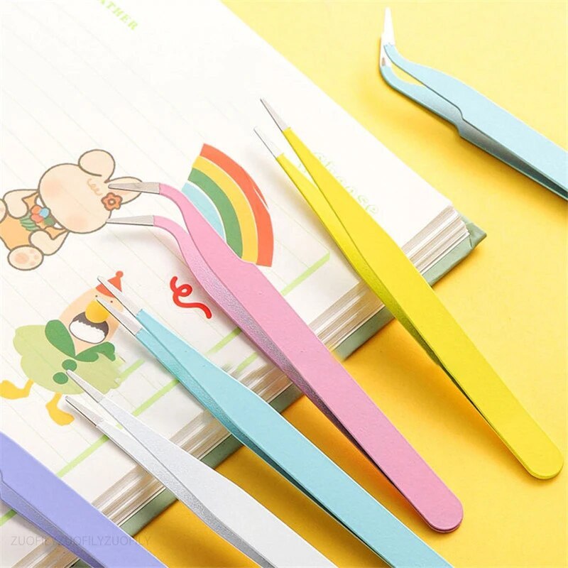 Nerūdijančio plieno spalvingi tiesūs lenkti pincetai rožiniai mėlyni purpuriniai 1,0 mm blakstienų pincetai nagų dailės cirkonio skynimo įrankis