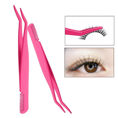 Stainless Steel Eyelash Tweezers with Comb Makeup Volume Lashes Extension Curler False Eyelashes Applicator Clips Beauty Tools
