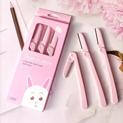 3Pcs/Set Pink sklopivi trimer za obrve Brijač za dlačice ispod pazuha Brijač za ljepotu lica Brijač za oblikovanje očiju Oštrice od nehrđajućeg čelika Alati za šminkanje