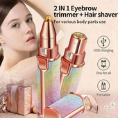 2 В 1 Препарат за премахване на косми по лицето за жени Тример за вежди Безболезнена преносима дамска самобръсначка с LED светлина за прасковен мъх/устни/брадичка/подмишници