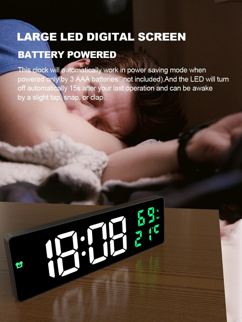 9“ Цифров стенен часовник Голям LED екран Температура Влажност Дисплей Електронен будилник Декорация на дома 12/24H Настолен часовник