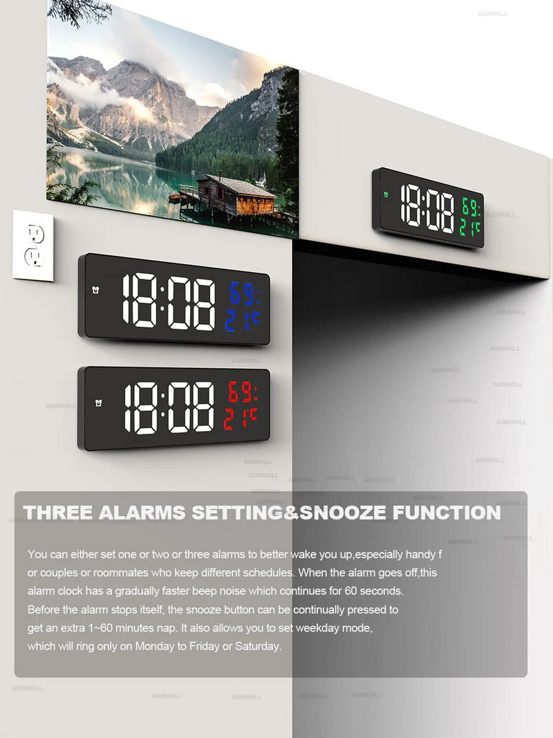 9“ Цифров стенен часовник Голям LED екран Температура Влажност Дисплей Електронен будилник Декорация на дома 12/24H Настолен часовник