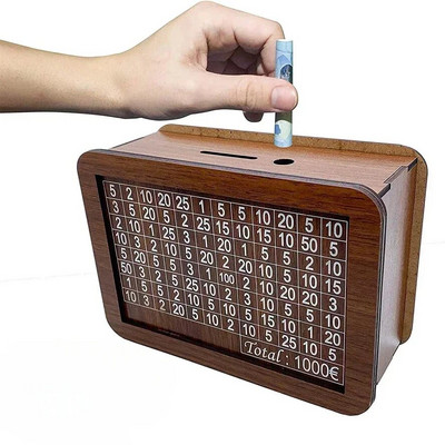 Pinigų dėžutė, Piggy Bank, Medinis pinigų bankas, Daugkartinė pinigų dėžutė su taupymo tikslu ir skaičiais, kuriuos reikia patikrinti, padeda taupyti