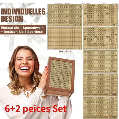 Pinigų dėžutė, Piggy Bank, Medinis pinigų bankas, Daugkartinė pinigų dėžutė su taupymo tikslu ir skaičiais, kuriuos reikia patikrinti, padeda taupyti