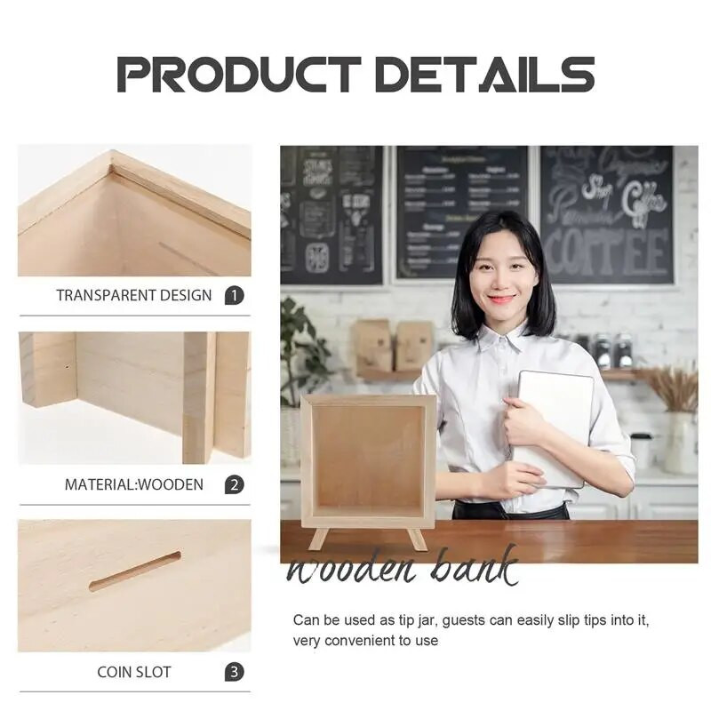 Банка Прасенце Кутия за пари Дървен буркан за пестене на монети Прозрачен Детски спестявания на дърва Възрастни Парични смени Сянка Подарък Банки Кутия Съвет Фонд Квадрат