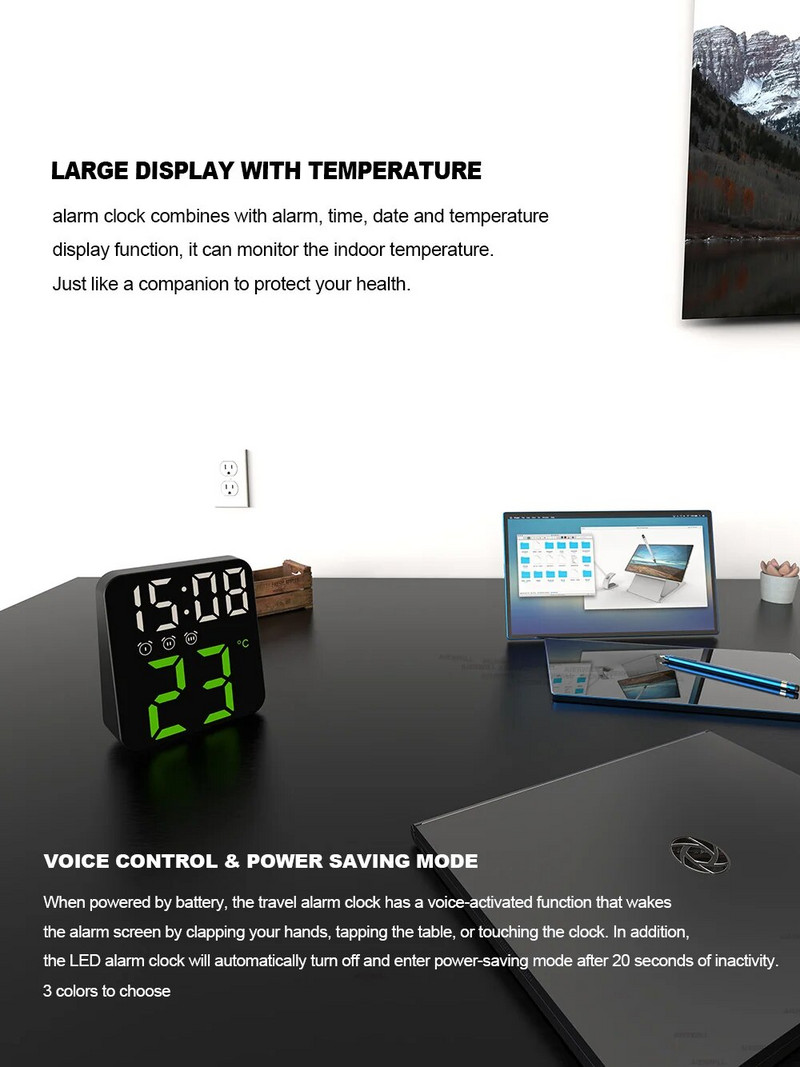 Цифров будилник за спални с регулируема температура, яркост, гласово управление, три будилника, стенен часовник 12/24 часа