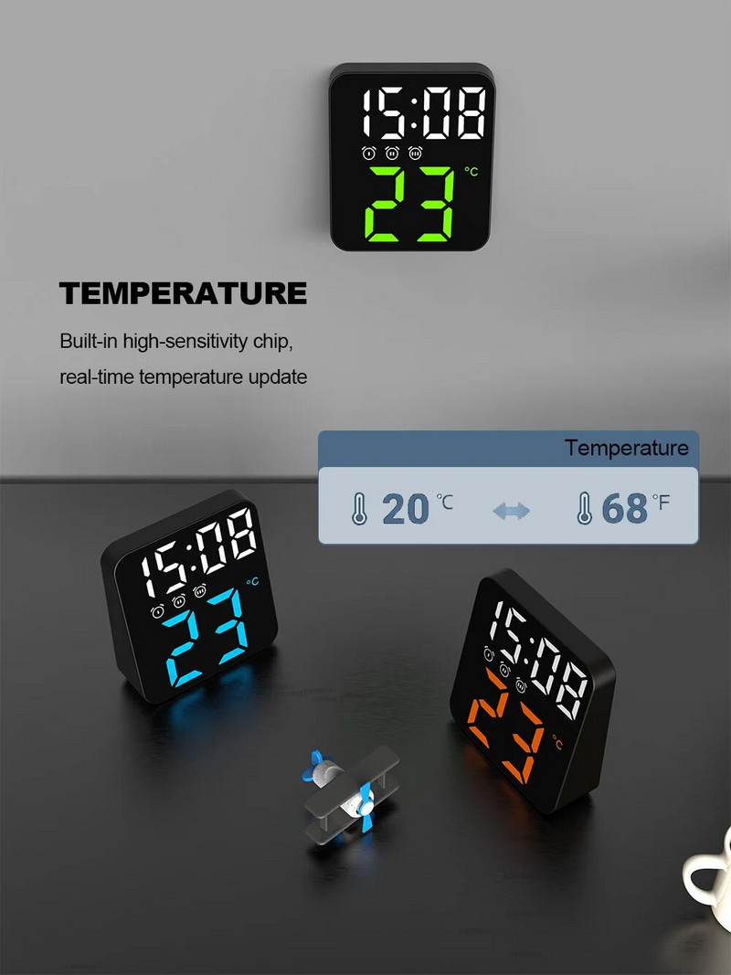 Цифров будилник за спални с регулируема температура, яркост, гласово управление, три будилника, стенен часовник 12/24 часа