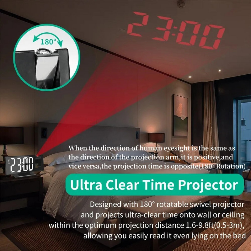 Цифров будилник 180° Arm Projection Будилник с Time Temperature Snooze Настолен часовник 12/24H USB проектор LED часовник